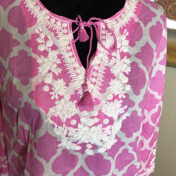 Talbots Beaded Pink White Tie Neck Tunic Blouse - Picture 2 of 10